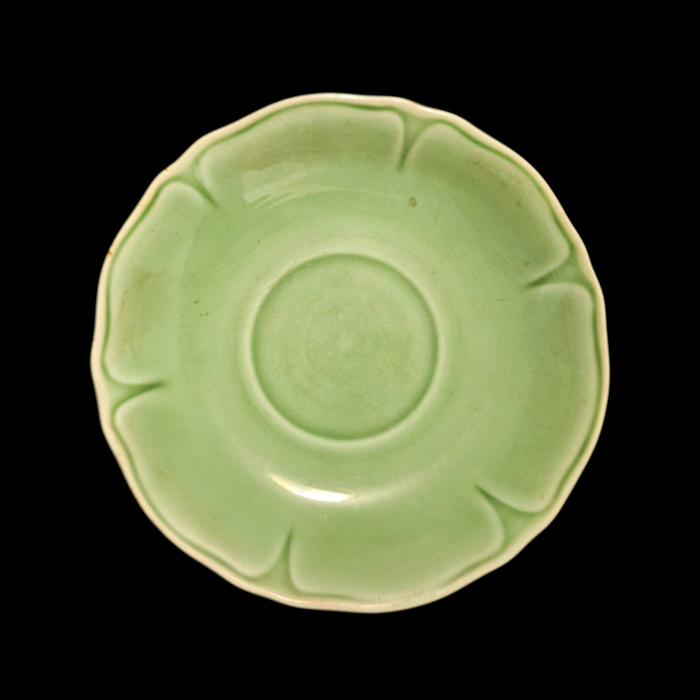Vintage Green Pottery Saucers Set of 4 Scalloped Edge USA Glaze